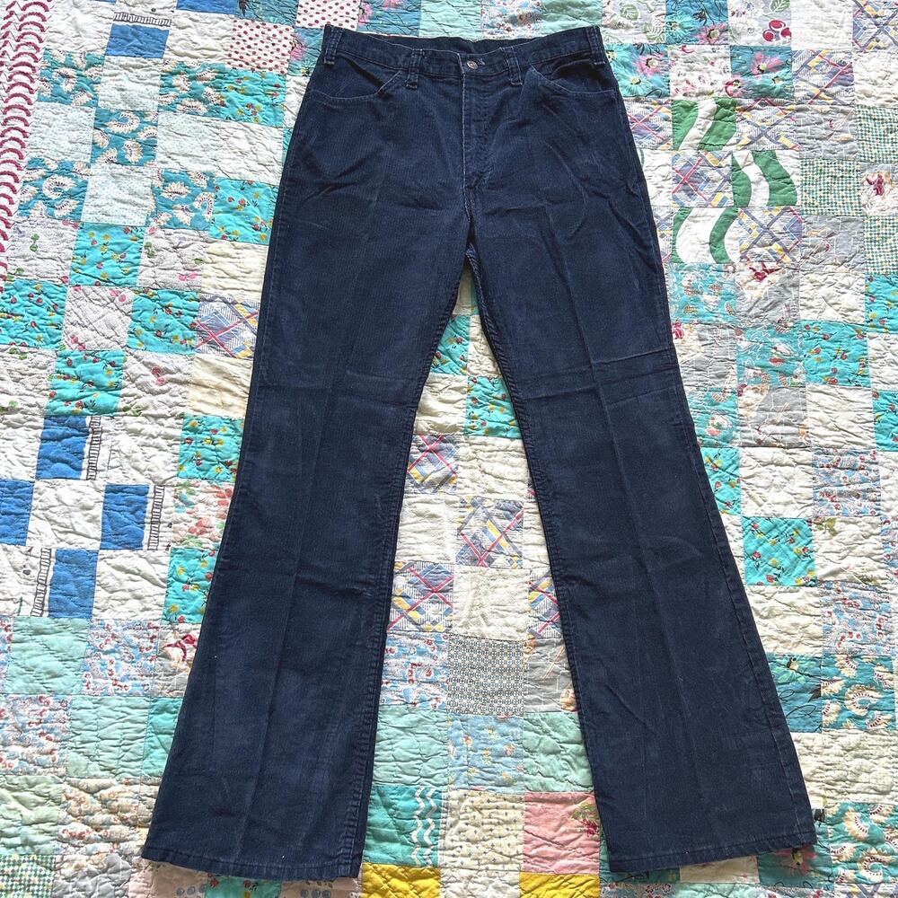 Vintage 70s Navy Blue Pinwale Corduroy Flared Bootcut Bellbottom Pants 32 x 32